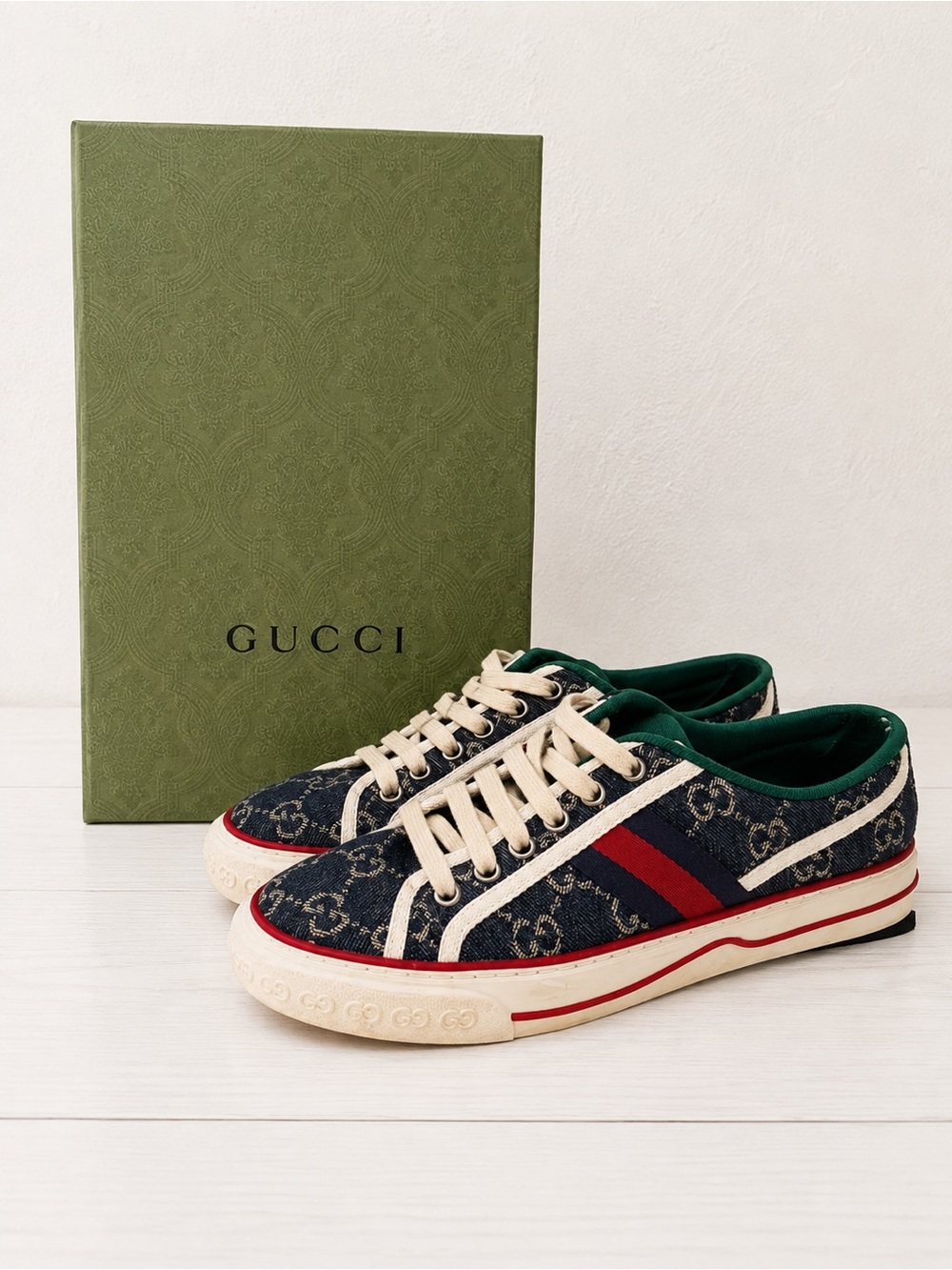 Gucci Tennis 1977 Blue Denim GG Jacquard Monogram Lace-Up Low Top Sneakers EU 37